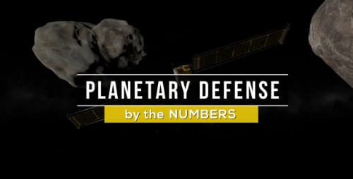 Planetary defense by the numbers text in center, with two asteroids and a satellite in the back